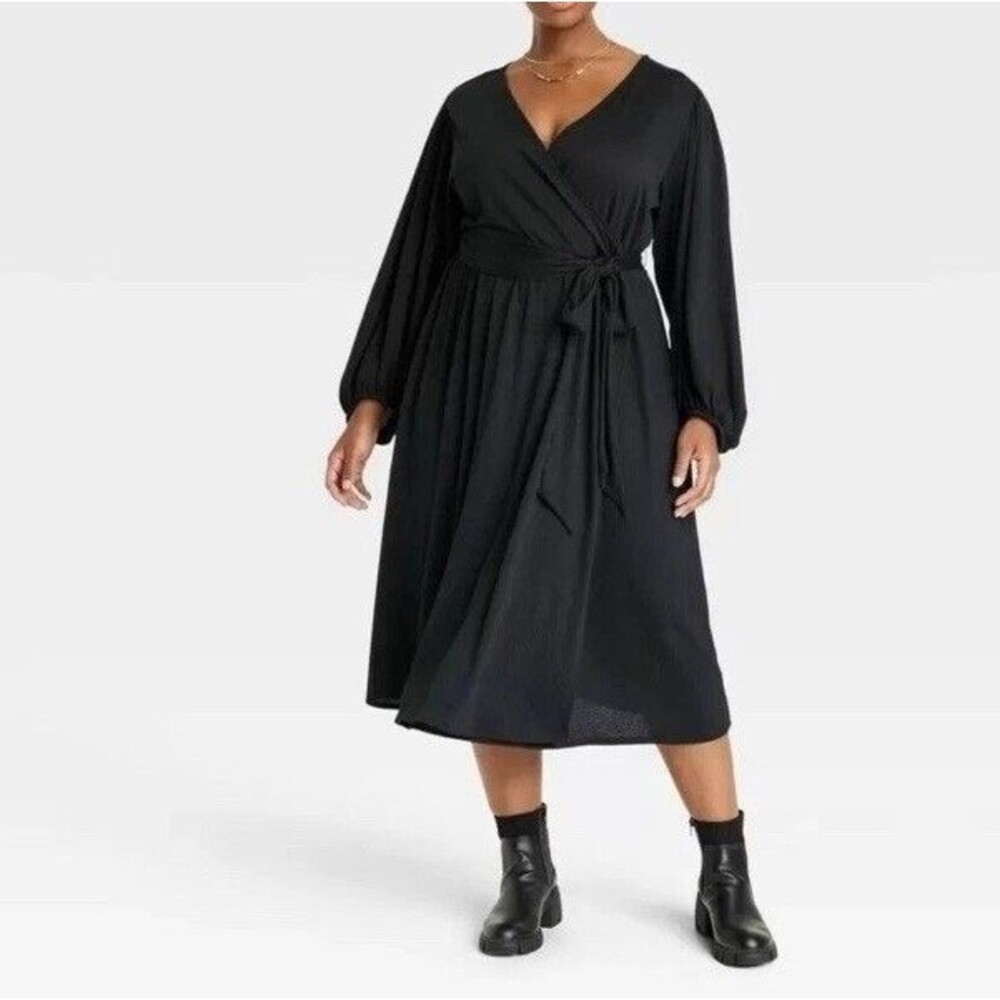 Ava & Viv Plus Balloon Long Sleeve Wrap Midi Dress Linen Blend Black Sz 1X